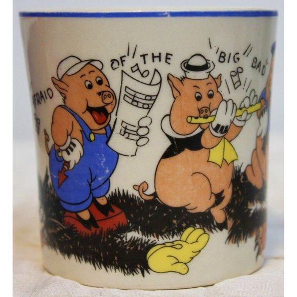 VTG 1930s Walt Disney Three Little Pigs Small Mug Patriot China Wolf Music Dance - Picture 2 of 10